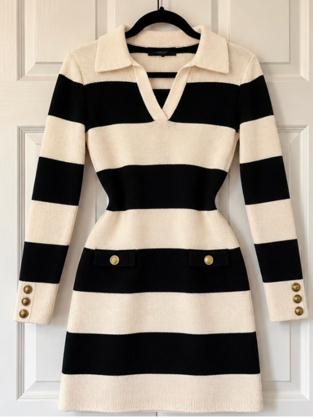 Black and Cream Striped Knit Polo Dress